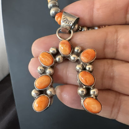 Orange Spiny Oyster Naja Pendant Navajo Pearls Sterling Silver Necklace 19669