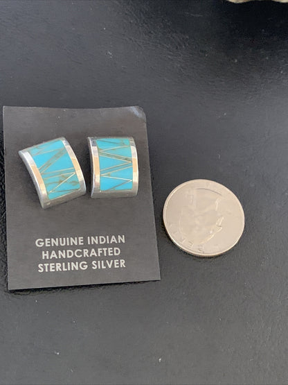 Womens Blue Turquoise Navajo Sterling Silver Stud Inlay Earrings 13107