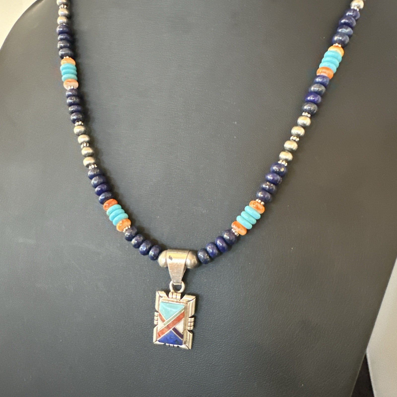 Multicolor Turquoise Coral Navajo Sterling Silver Inlay Pendant Necklace 19651