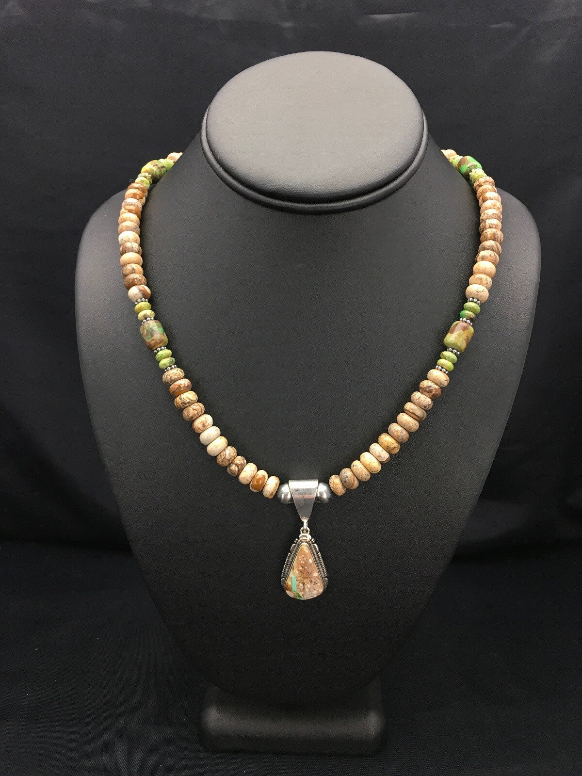 Green Turquoise Navajo Sterling Silver Necklace 2612