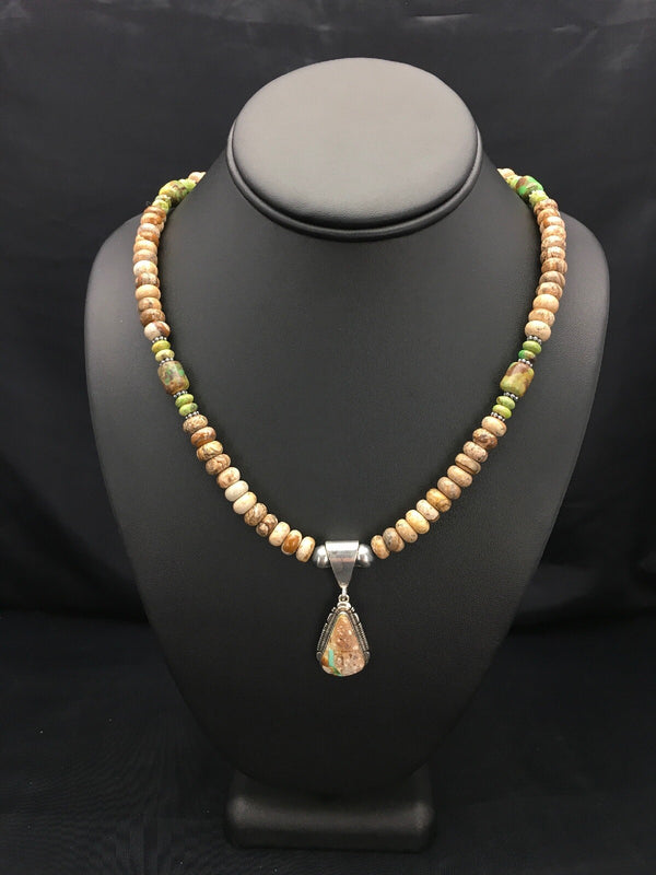 Green Turquoise Navajo Necklace | Sterling Silver | Authentic Native American Handmade | 2612