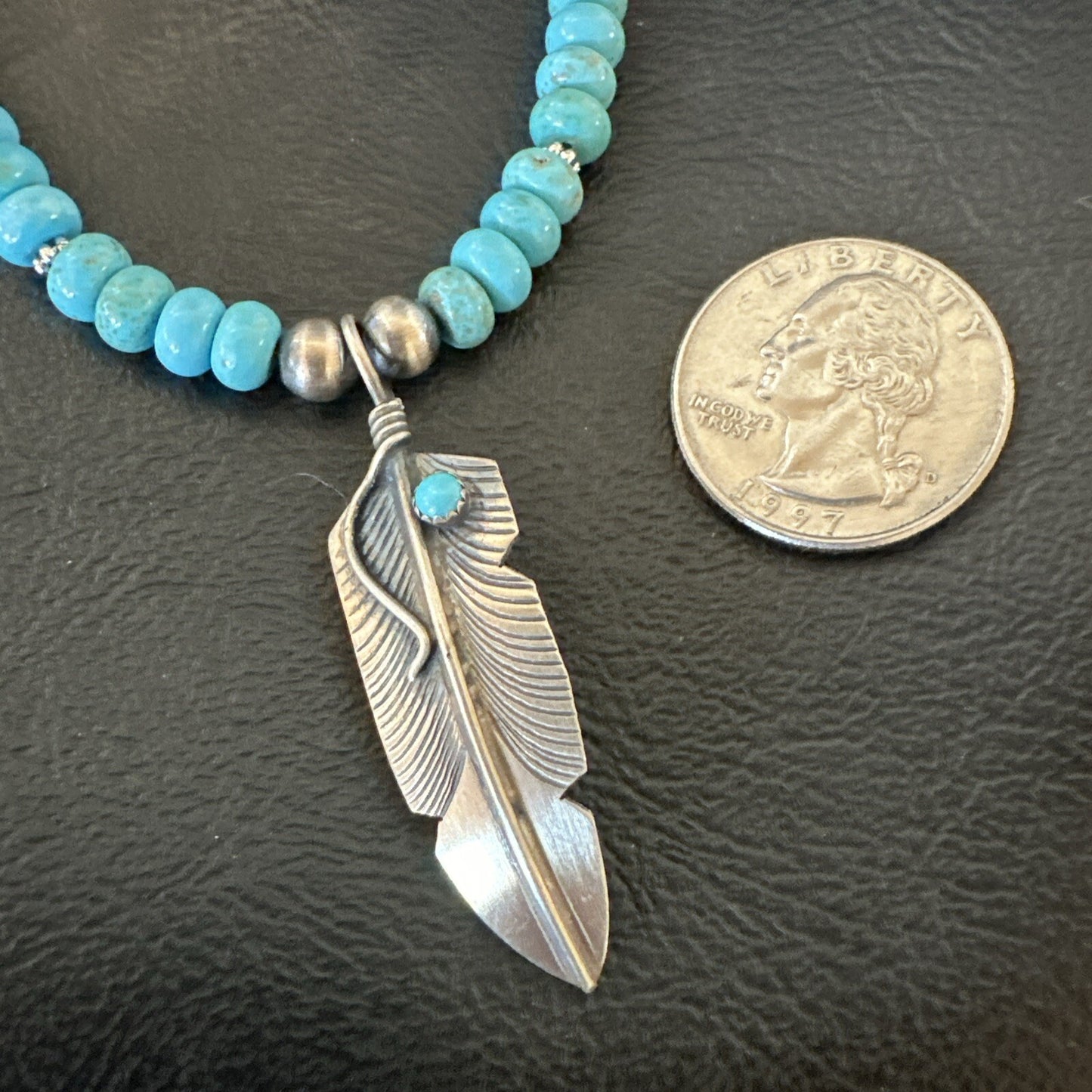Mens Feather Turquoise Pendant Navajo Sterling Silver Necklace 18060