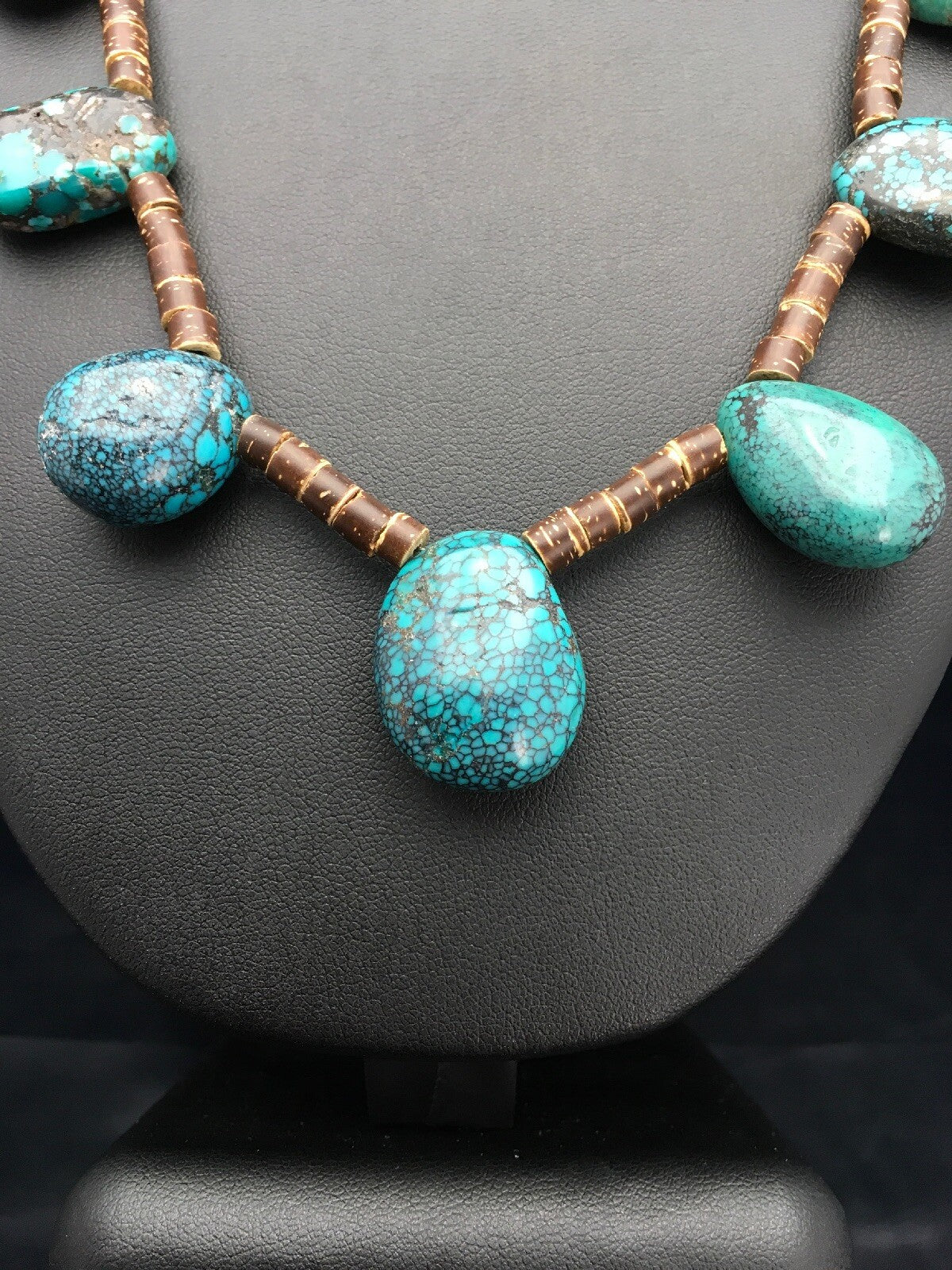 Spider Web Turquoise & Bone Bead Southwestern Sterling Silver Necklace 20" 02628