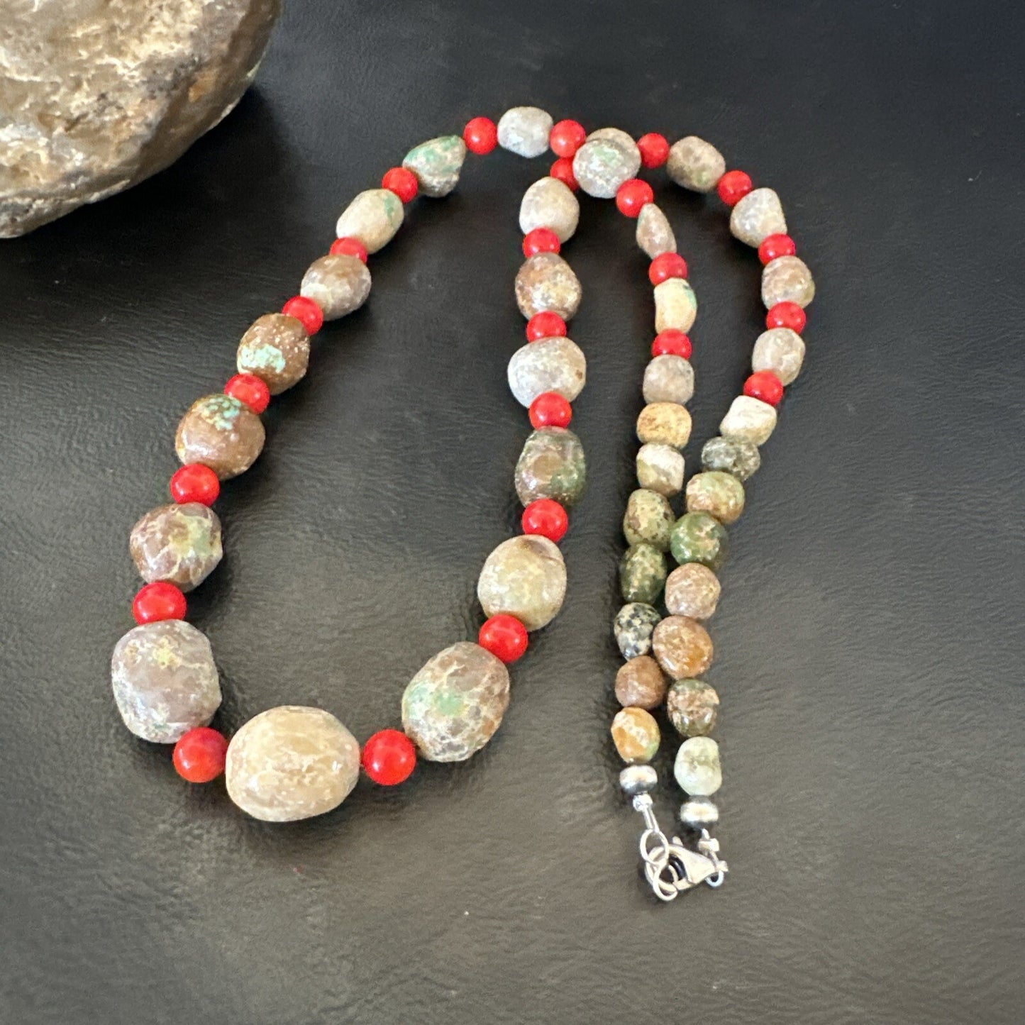 Rustic Turquoise Red Coral Navajo Pearls Sterling Silver Necklace 24" 18320