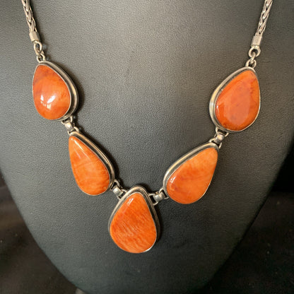 Orange Spiny Oyster Pendant Navajo Sterling Silver Lariat Necklace 20" 13889