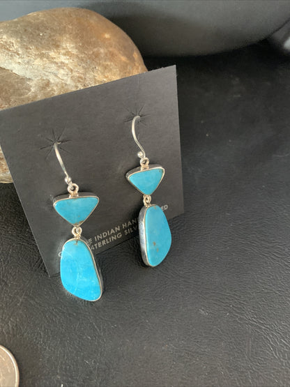 Blue Kingman Turquoise Navajo Sterling Silver Dangle Earrings 14073