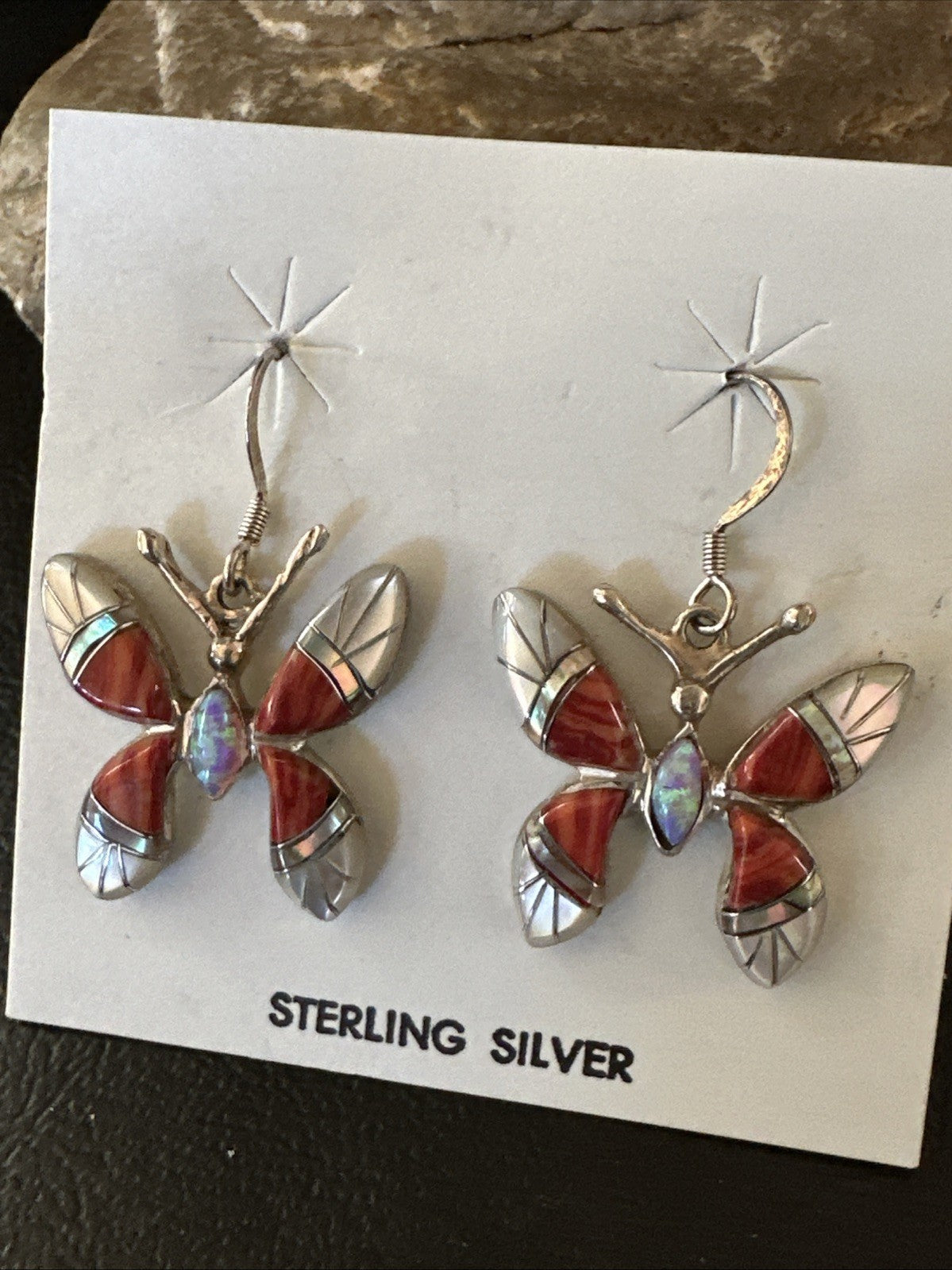 Butterfly Multicolor Red Spiny MOP Inlay Sterling Silver Earrings 19817