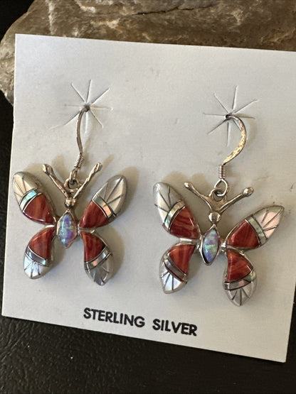 Butterfly Multicolor Red Spiny MOP Inlay Sterling Silver Earrings 19817