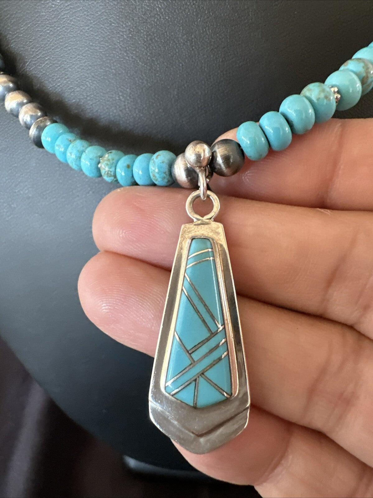 Inlay Blue Kingman Turquoise Pendant Navajo Sterling Silver Necklace 21" 18380