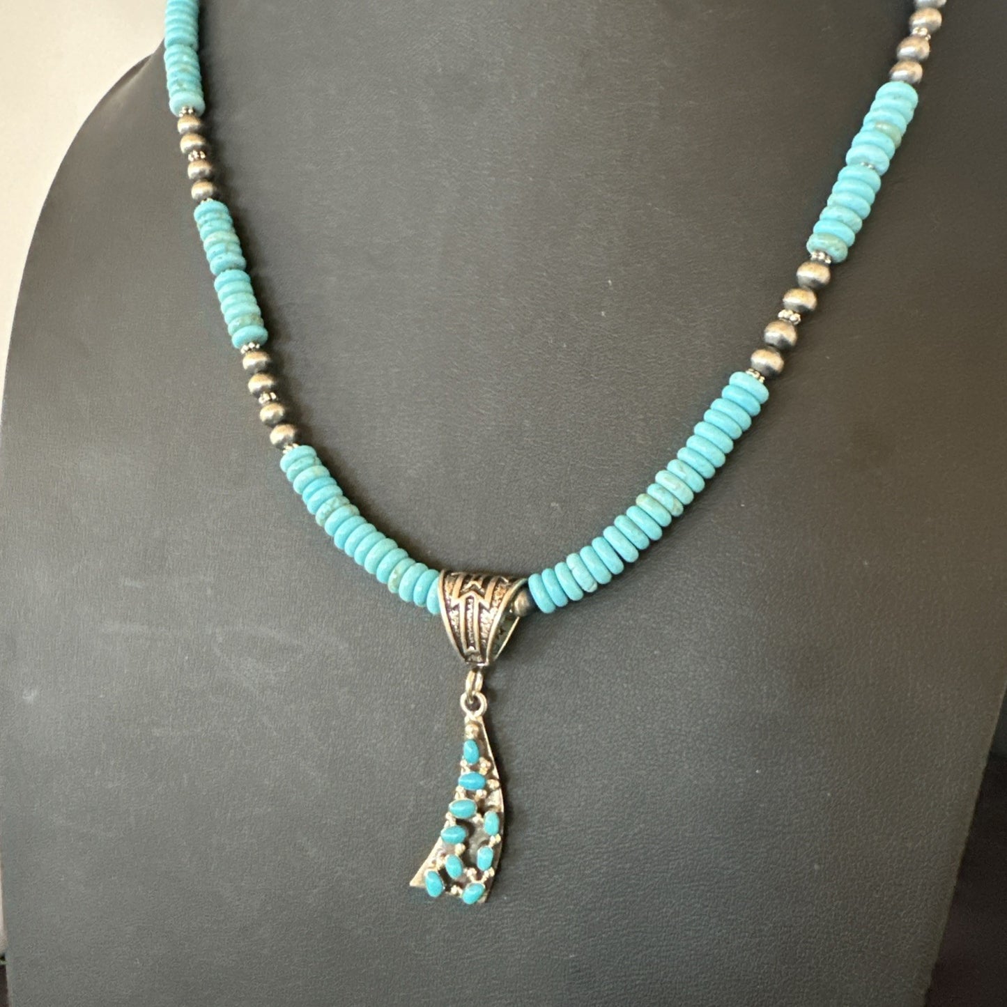Blue Turquoise Cluster Pendant Navajo Sterling Silver Necklace 20" 19715
