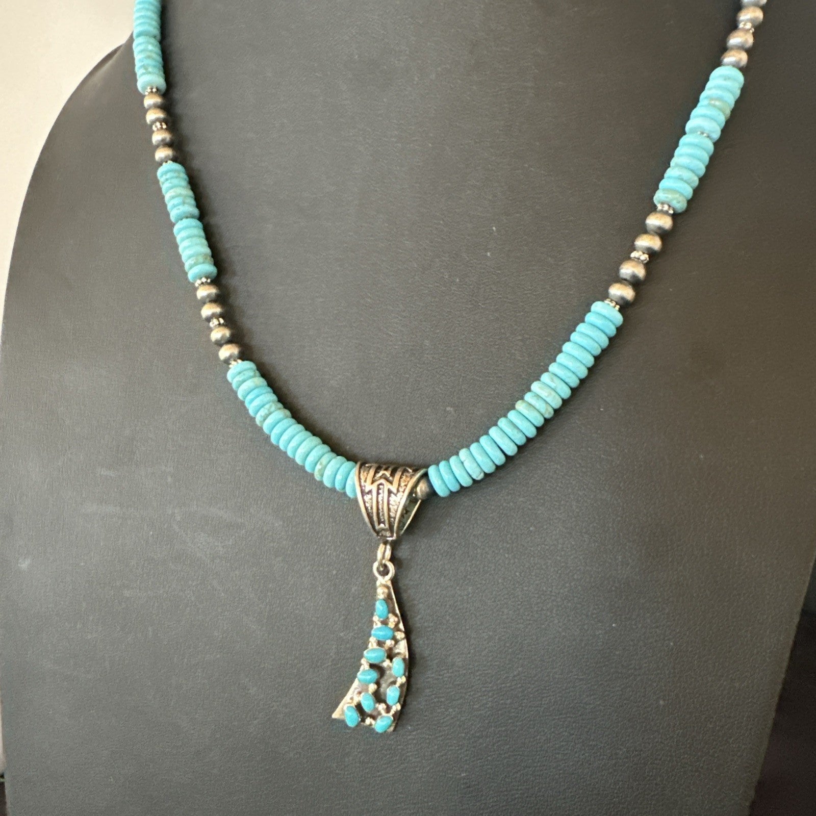 Blue Turquoise Cluster Pendant Navajo Sterling Silver Necklace 20" 19715