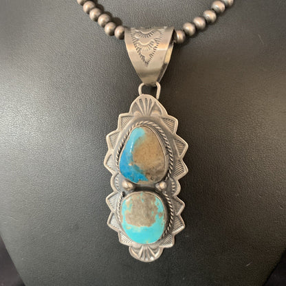 Mens Blue Kingman Turquoise 3" Pendan Sterling Silver Necklace 20" 13997N