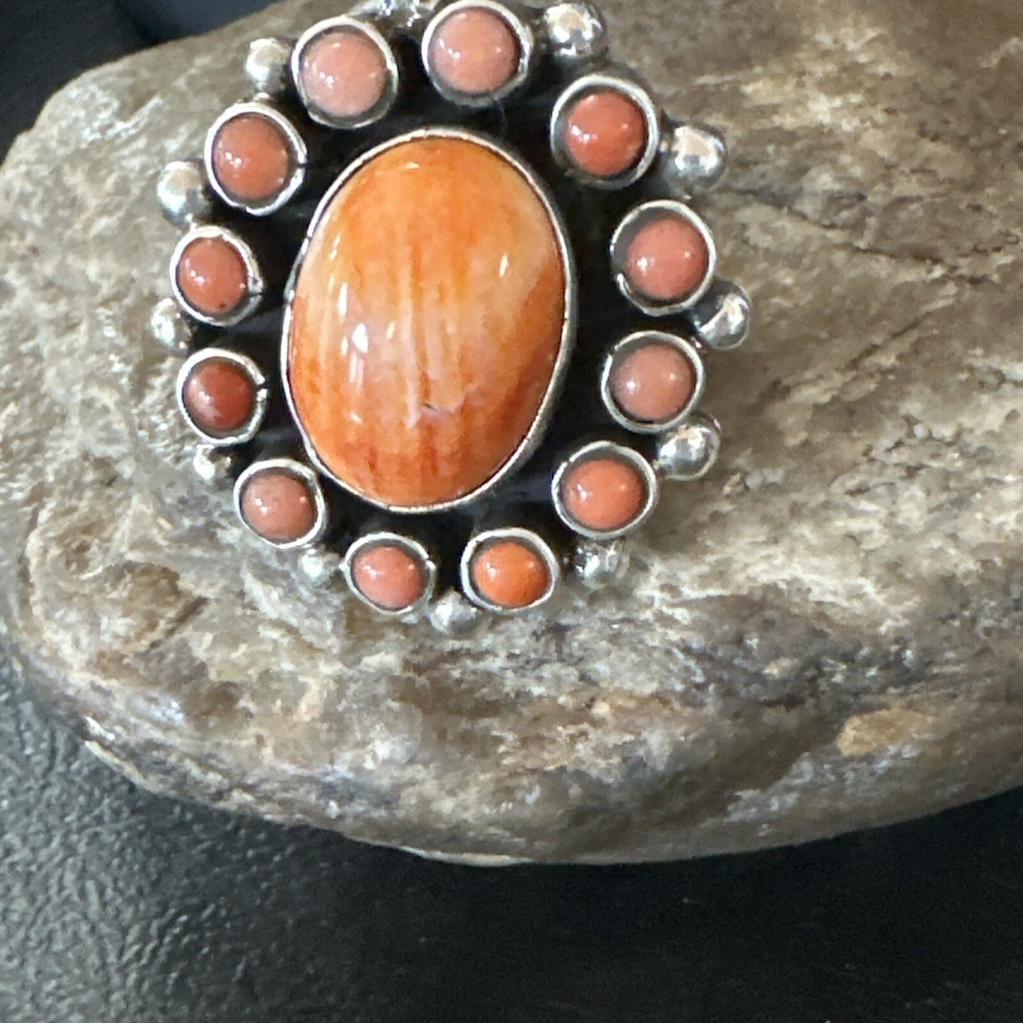 Orange Spiny Oyster Cluster Navajo Sterling Silver Ring Size 10 18397