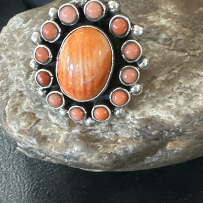 Orange Spiny Oyster Cluster Navajo Sterling Silver Ring Size 10 18397
