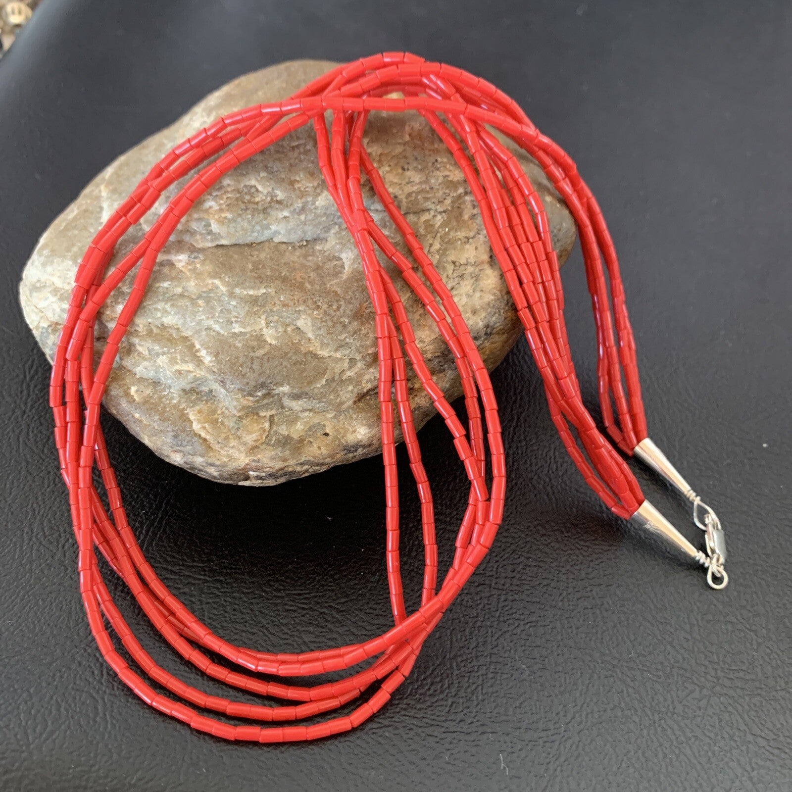 Red Coral Stabilized Heishi 5 Strand Sterling Silver Necklace 20” 2207