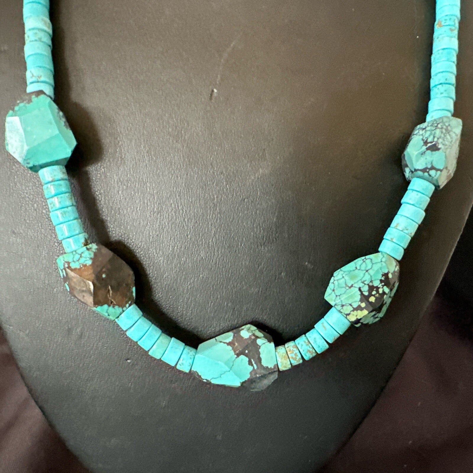 Native Turquoise Nugget Heishi Bead Navajo Sterling Silver Necklace 17807