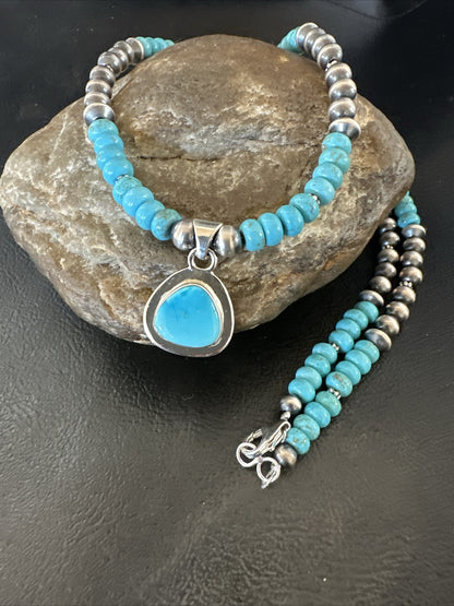 WoMens Blue Kingman Turquoise Pendant Navajo Sterling Silver Necklace 21" 17959
