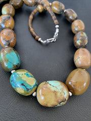 Green Chunky Turquoise Graduated Navajo Necklace 20" | Sterling Silver | Authentic Native American Handmade | 02113