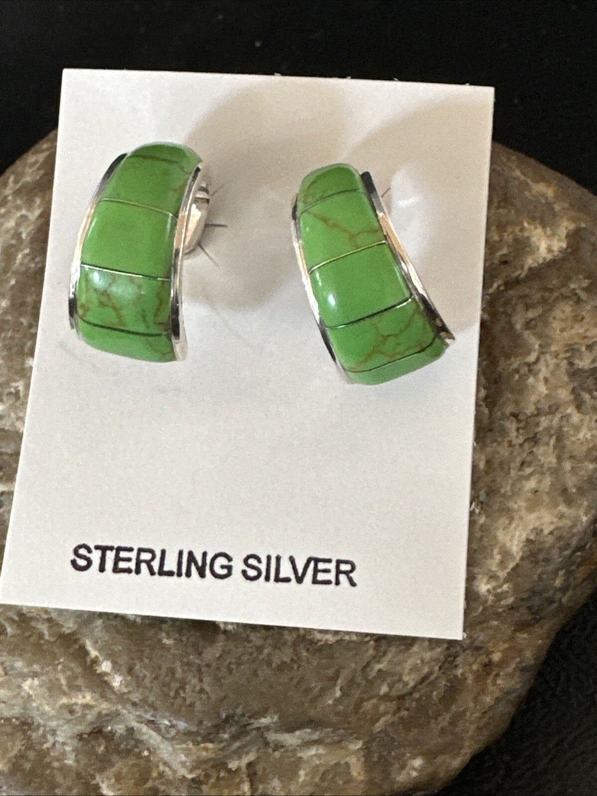 Southwestern Sterling Silver Green Gaspiete Inlay Earrings 1” 19266