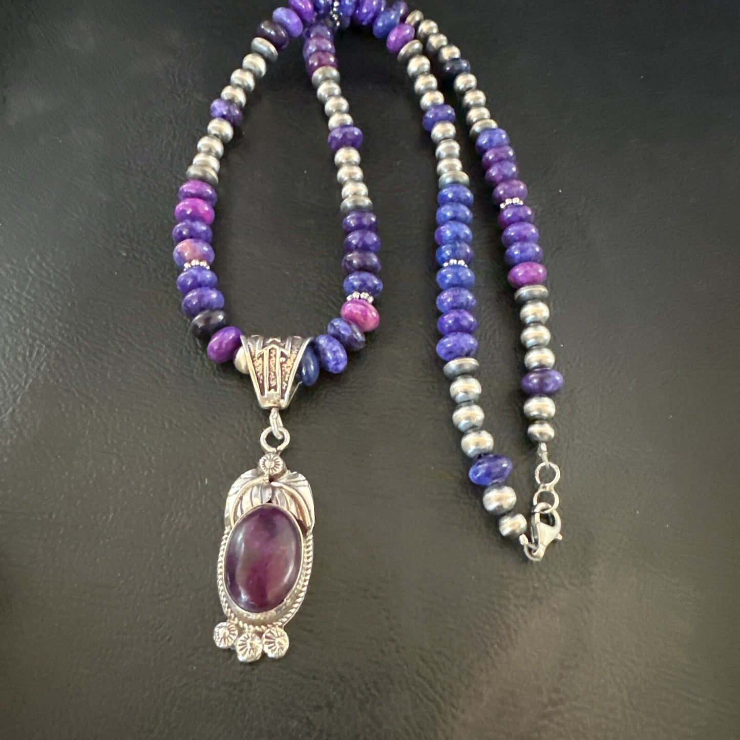 Purple Stone Pendant Navajo Pearls Sterling Silver Necklace 21” 18033