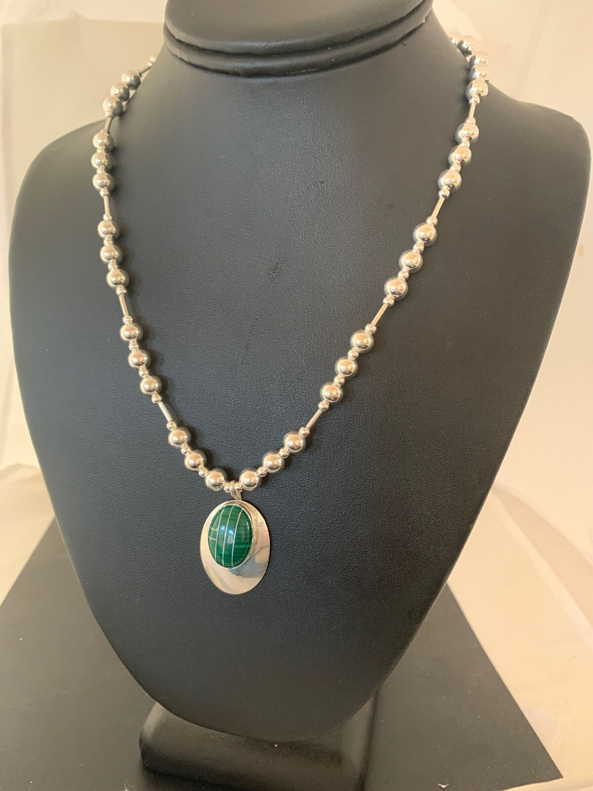 Green Malachite Pendant Navajo Sterling Silver Necklace 03179