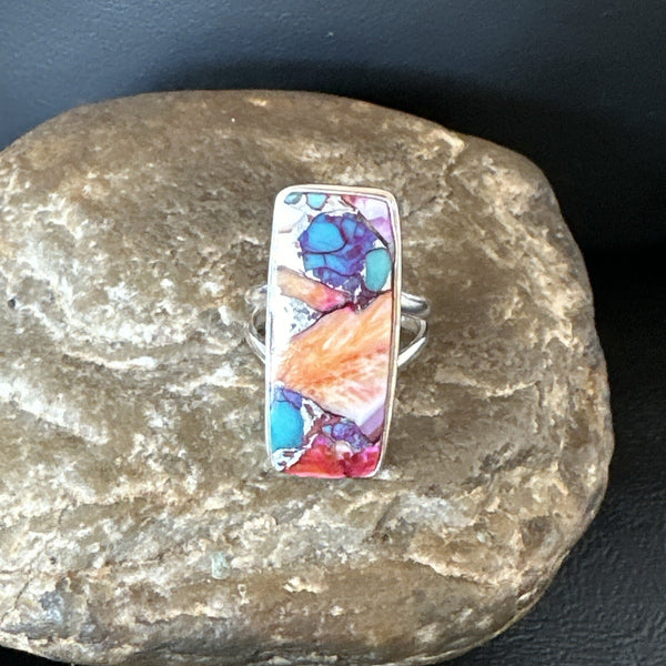 Blue Turquoise Orange Spiny Oyster Navajo Ring Size 8 | Sterling Silver | Authentic Native American Handmade | 18219