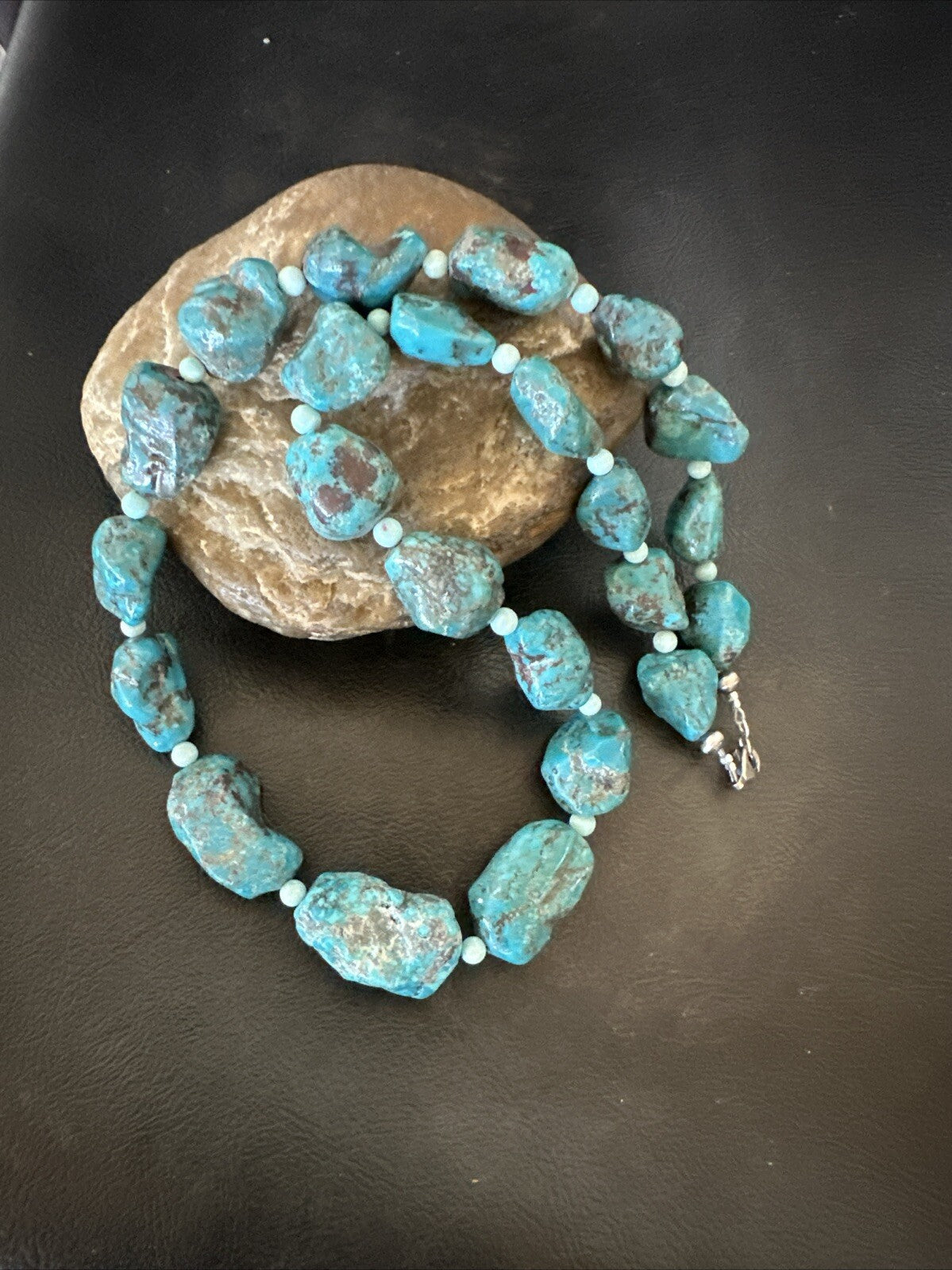 Blue Turquoise Chunky Nugget Navajo Sterling Silver Necklace 22” 18303