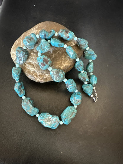 Blue Turquoise Chunky Nugget Navajo Sterling Silver Necklace 22” 18303