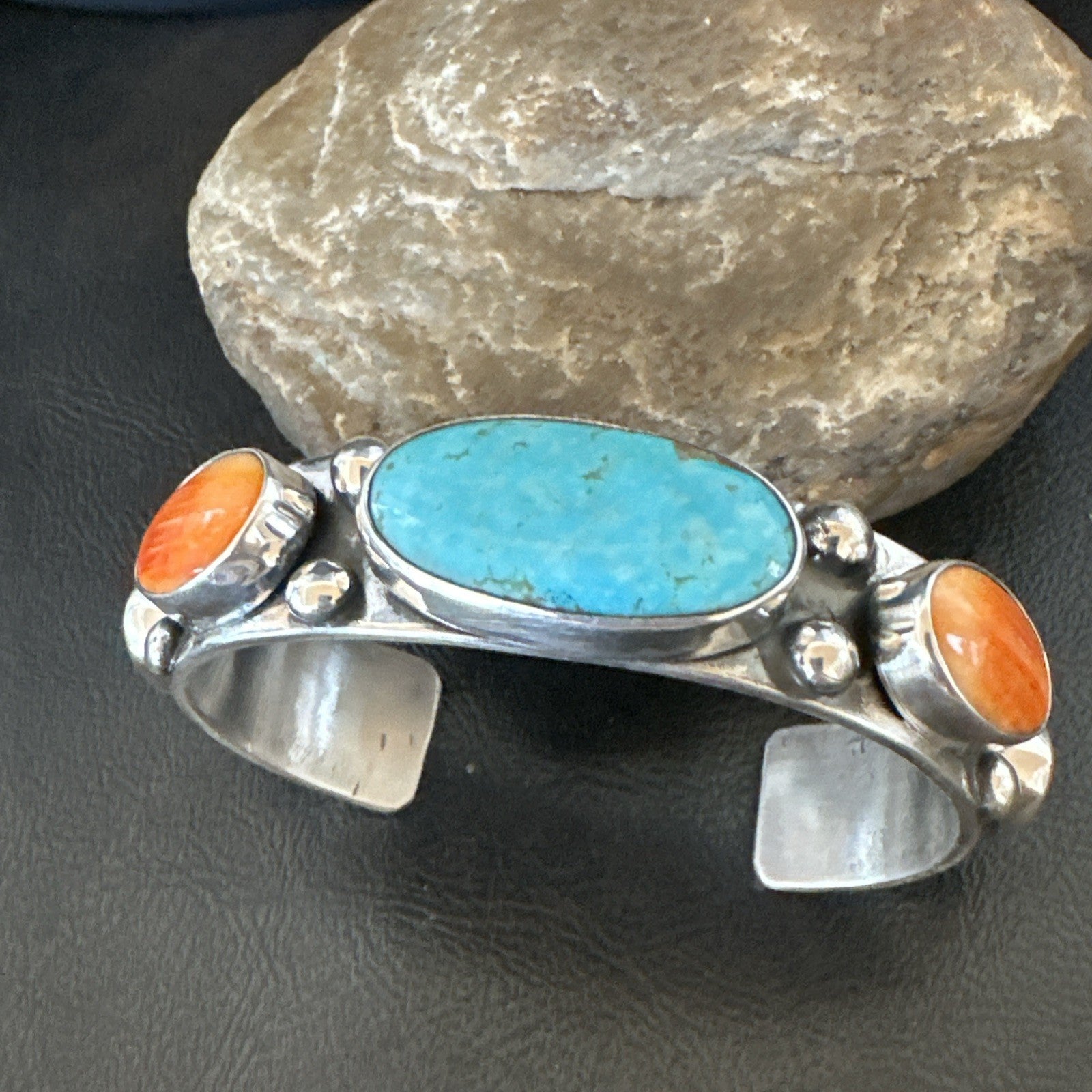 Orange Spiny Turquoise 5 Stone Sterling Silver Navajo Cuff Bracelet 7.7" 19479