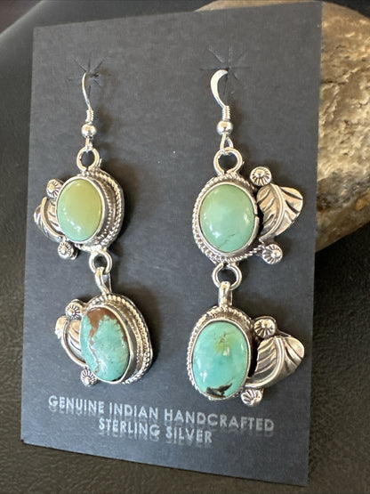 Native Navajo Green Turquoise Sterling Silver Dangle Earrings 2” 17911