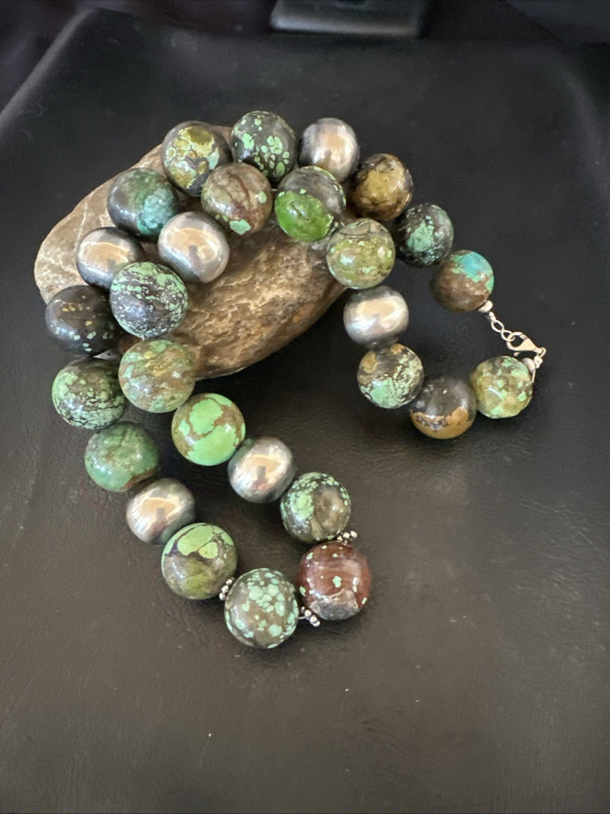 18mm Green Turquoise Round Navajo Pearls Sterling Silver Necklace 21" 19145