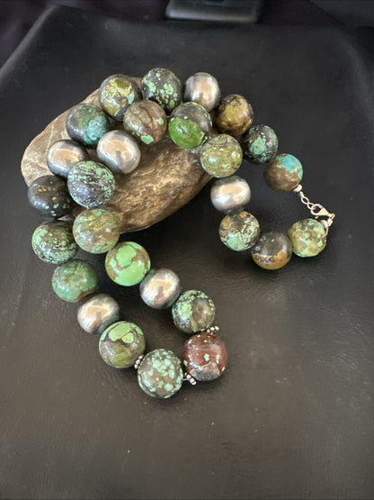 18mm Green Turquoise Round Navajo Pearls Sterling Silver Necklace 21" 19145