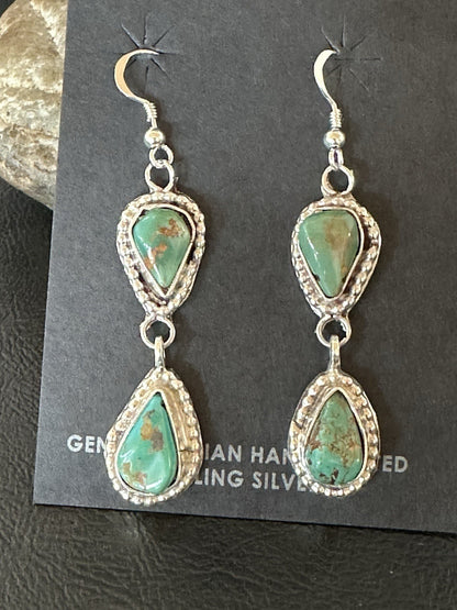 Green Royston Turquoise Navajo Sterling Silver Dangle Earrings 19371