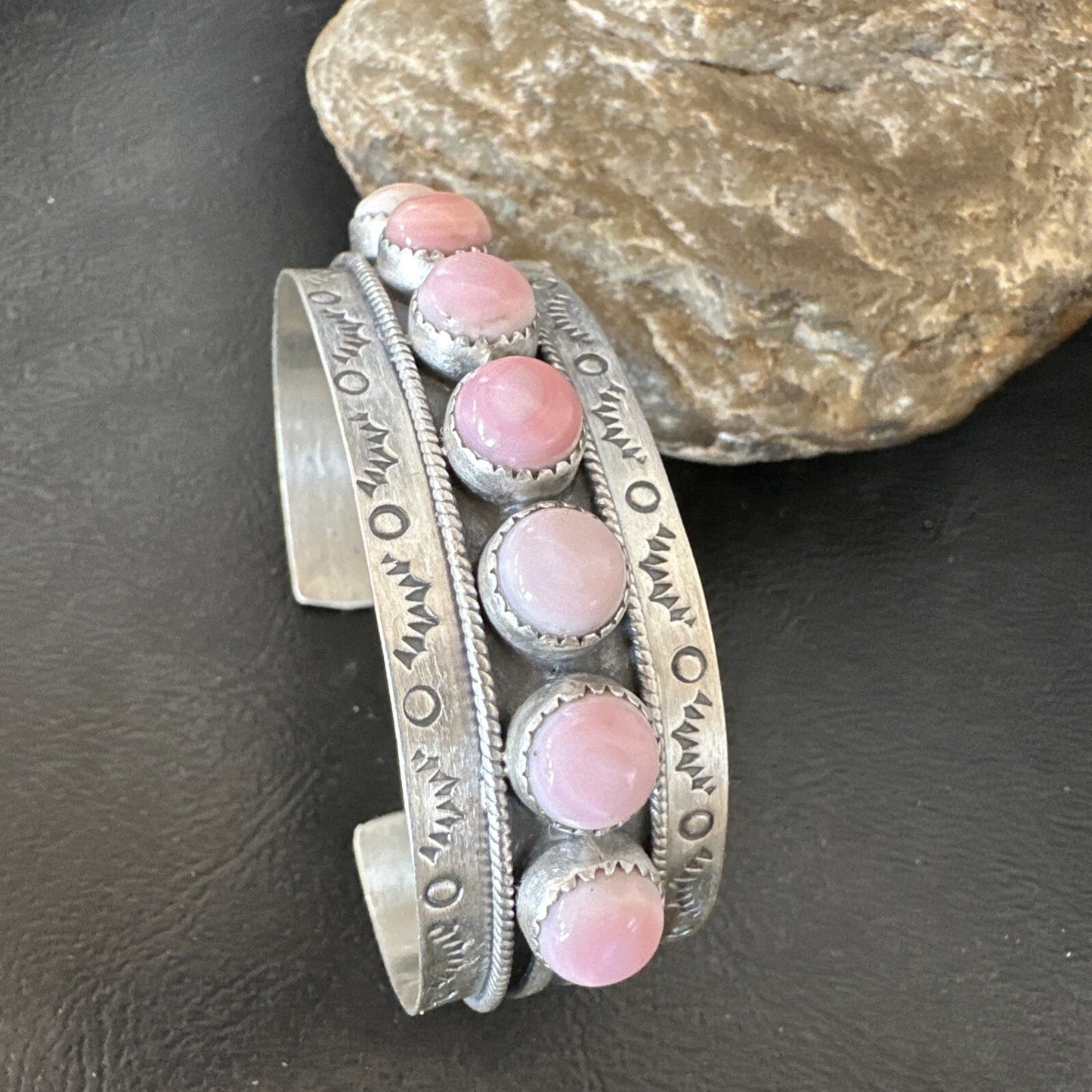 Navajo Pink Conch Cluster Sterling Silver Cuff Bracelet 18863