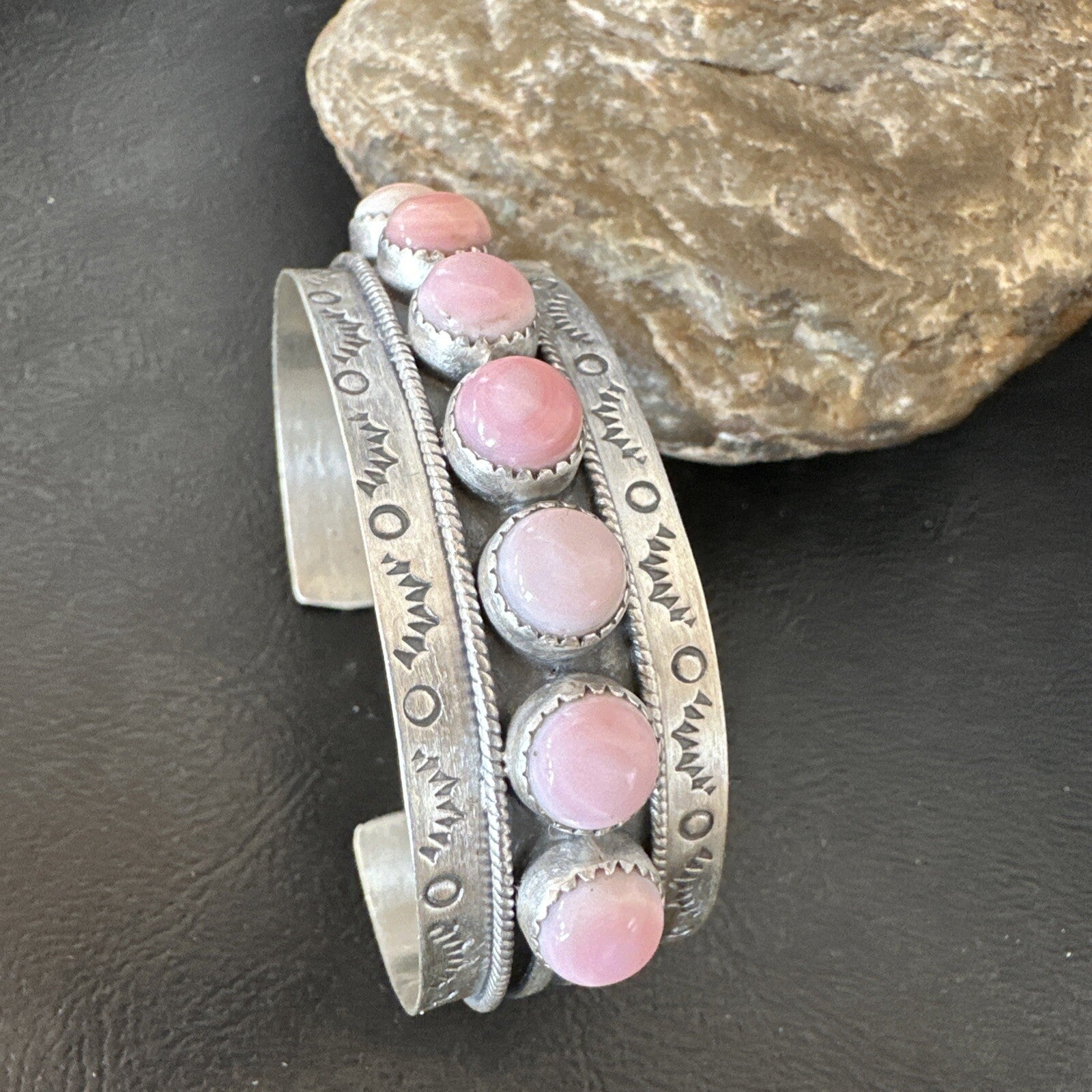 Navajo Pink Conch Cluster Sterling Silver Cuff Bracelet 18863