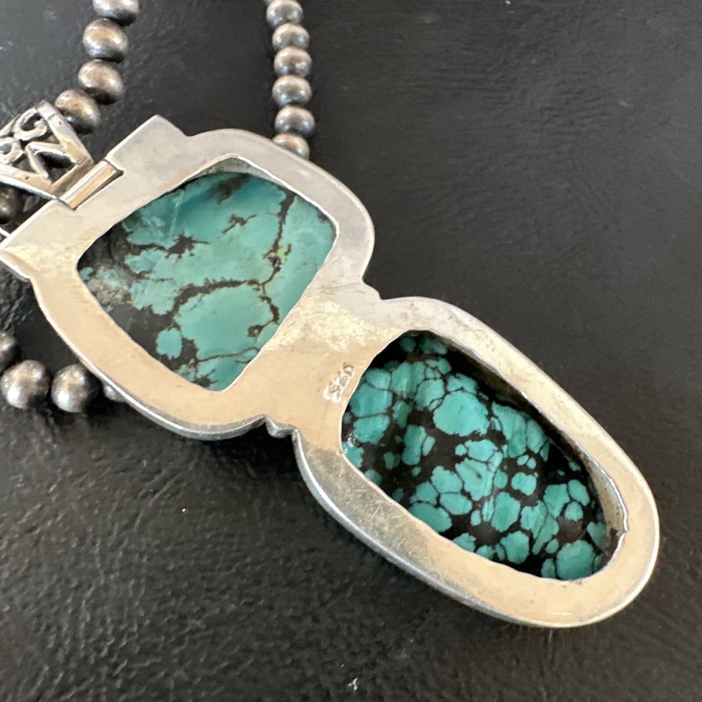 Blue Spiderweb Turquoise Pendant Navajo Pearls Sterling Silver Necklace 16008