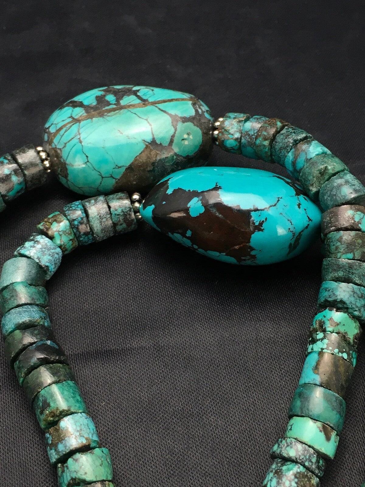 Spider Web Turquoise Heishi Navajo Sterling Silver Beads Necklace 21" 02960