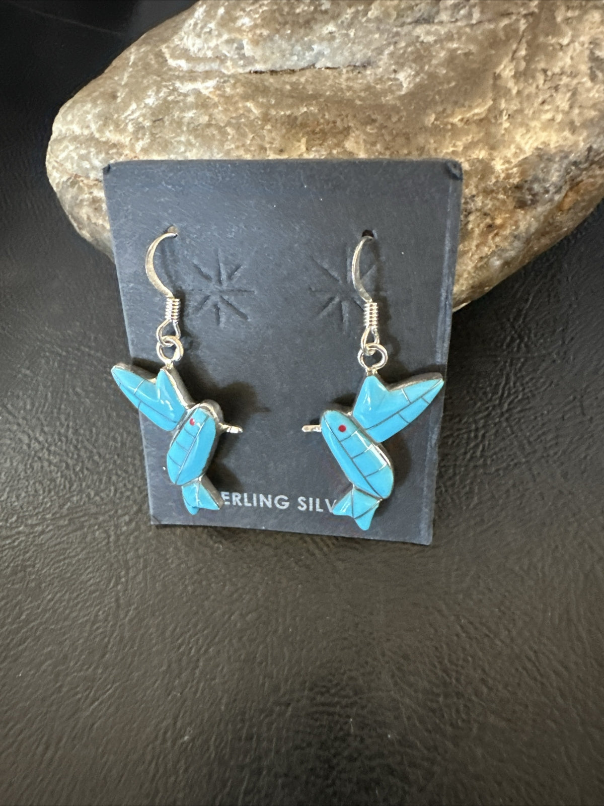 Blue Turquoise Navajo Sterling Silver Hummingbird Dangle Earrings 1424