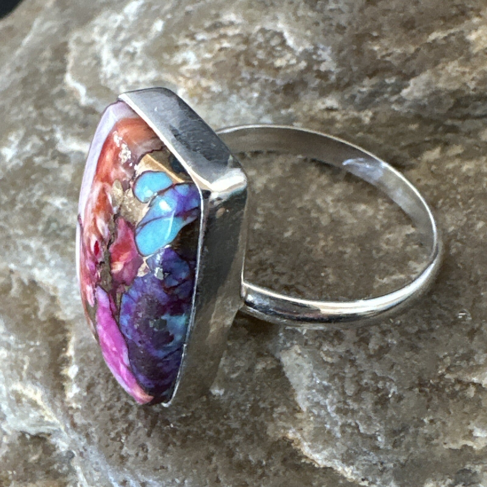 Blue Turquoise Spiny Oyster Southwestern Sterling Silver Ring Size 9 18468