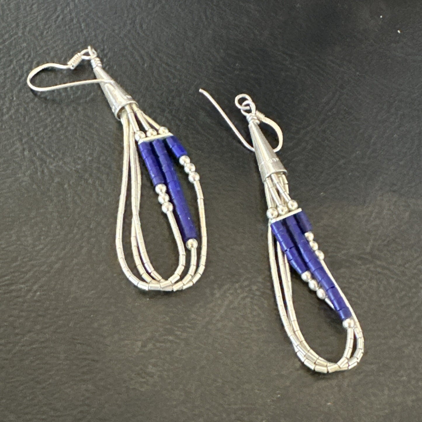 Blue Lapis 3S Heishi Liquid Sterling Silver Dangle Earrings 18099