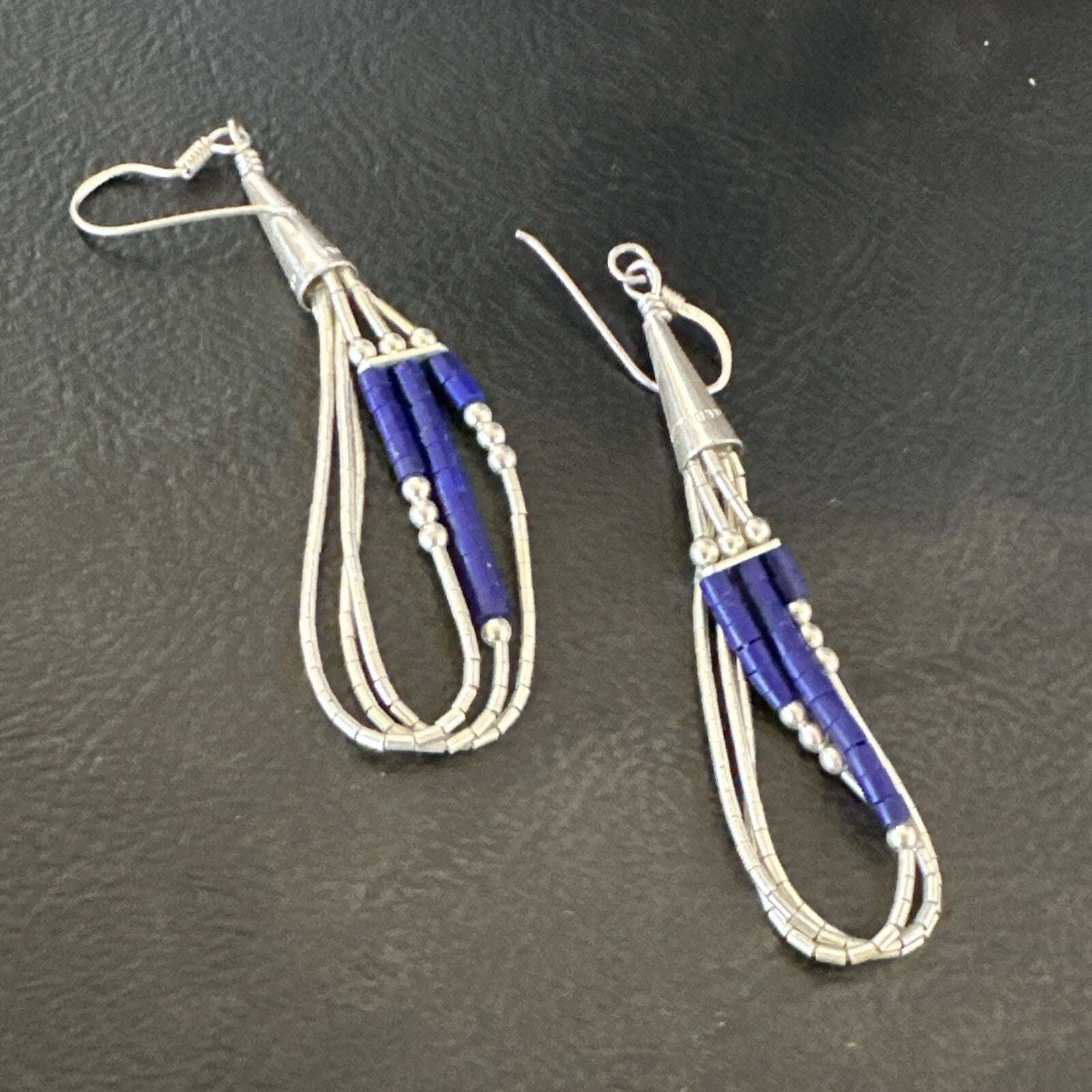 Blue Lapis 3S Heishi Liquid Sterling Silver Dangle Earrings 18099