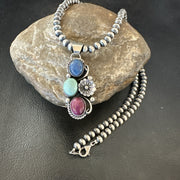 Multicolor Turquoise Spiny Navajo Cluster Pendant Necklace | Sterling Silver | Authentic Native American Handmade | 19313
