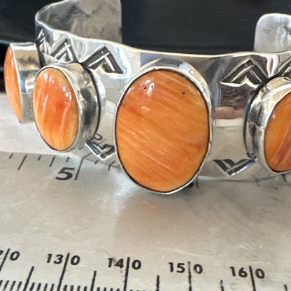 Orange Spiny Oyster 5 Stone Row Sterling Silver Navajo Cuff Bracelet 7.7" 19475
