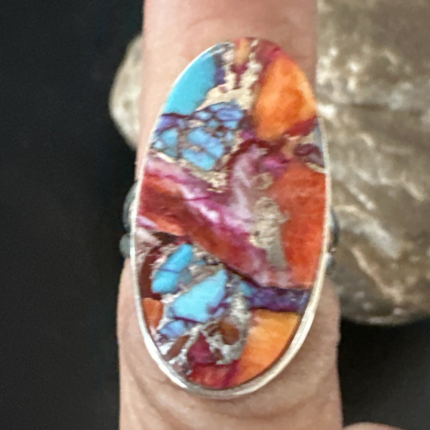 Blue Turquoise Spiny Oyster Southwestern Sterling Silver Ring Size 6 18514