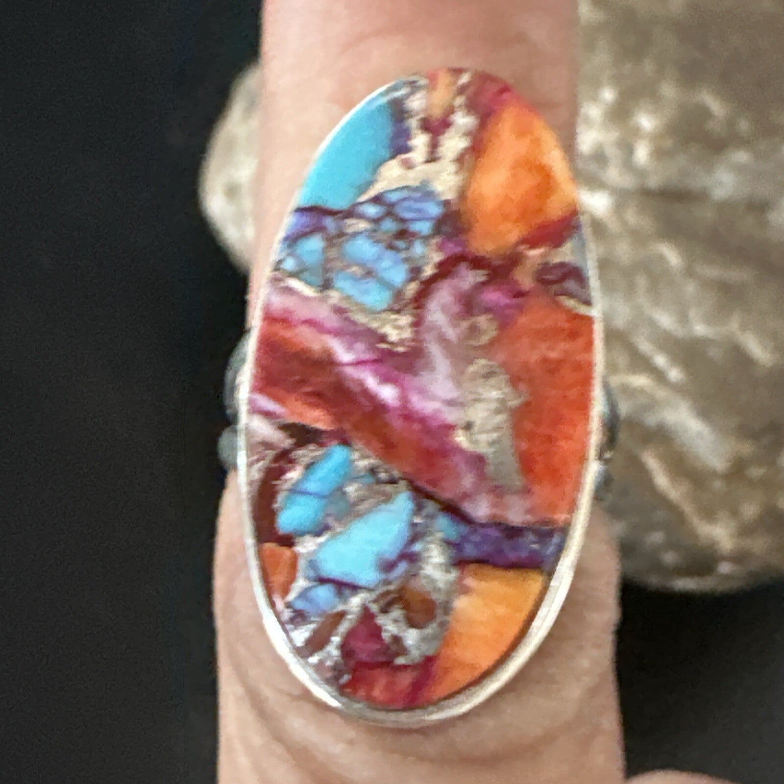 Blue Turquoise Spiny Oyster Southwestern Sterling Silver Ring Size 6 18514