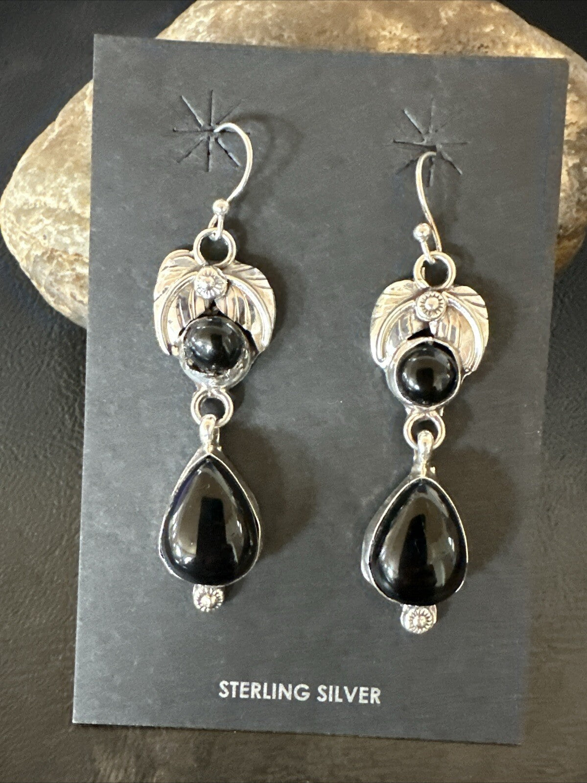 Black Onyx Navajo Sterling Silver Dangle Earrings 1.5" 18284