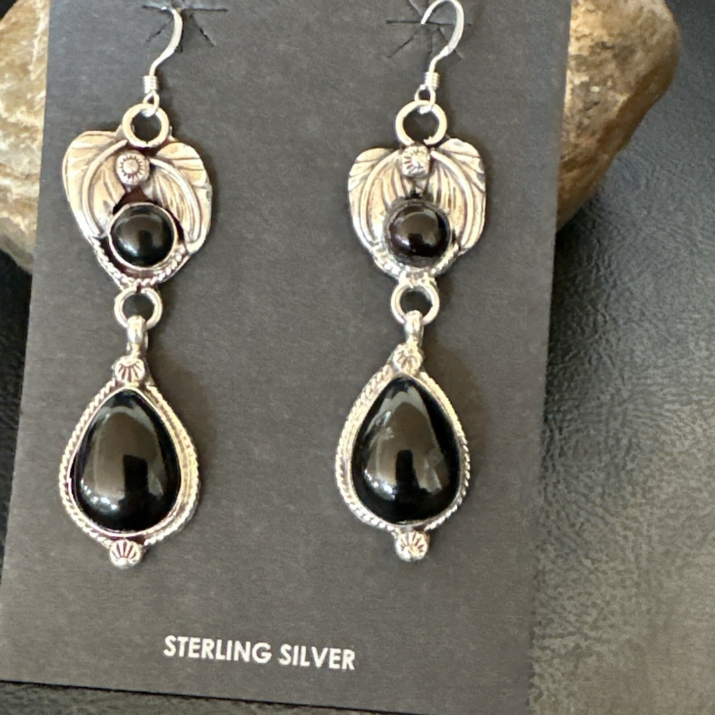 Black Onyx Navajo Sterling Silver Dangle Earrings 1.5" 18292