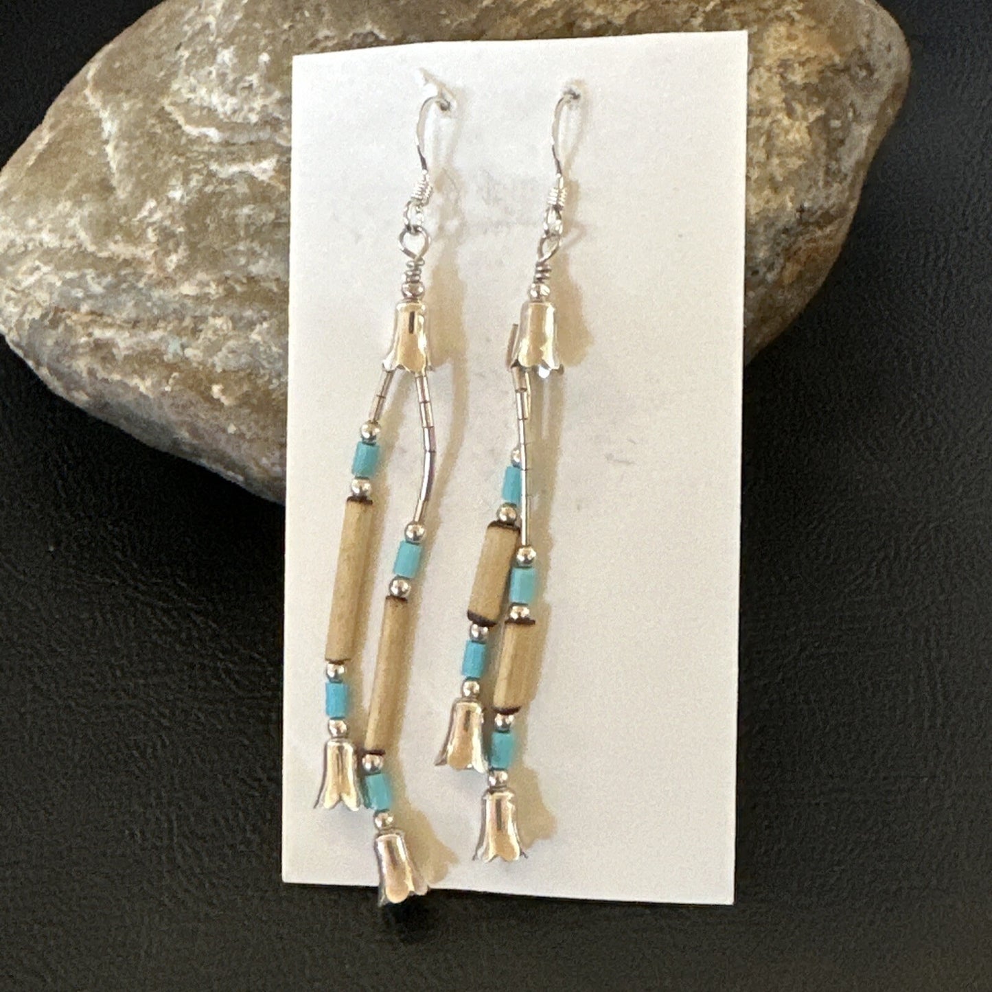 Blue Turquoise Shell Heishi Liquid Sterling Silver Dangle Bead Earrings 17934