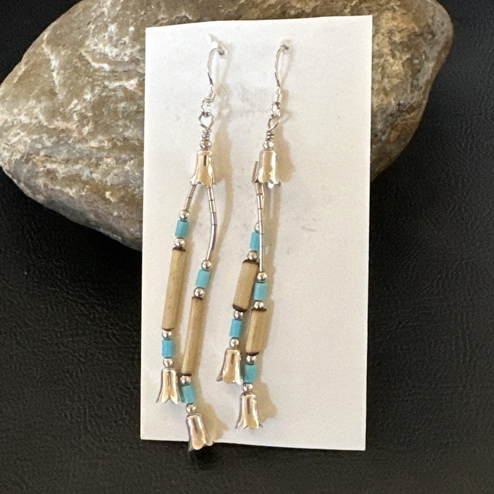 Blue Turquoise Shell Heishi Liquid Sterling Silver Dangle Bead Earrings 17934