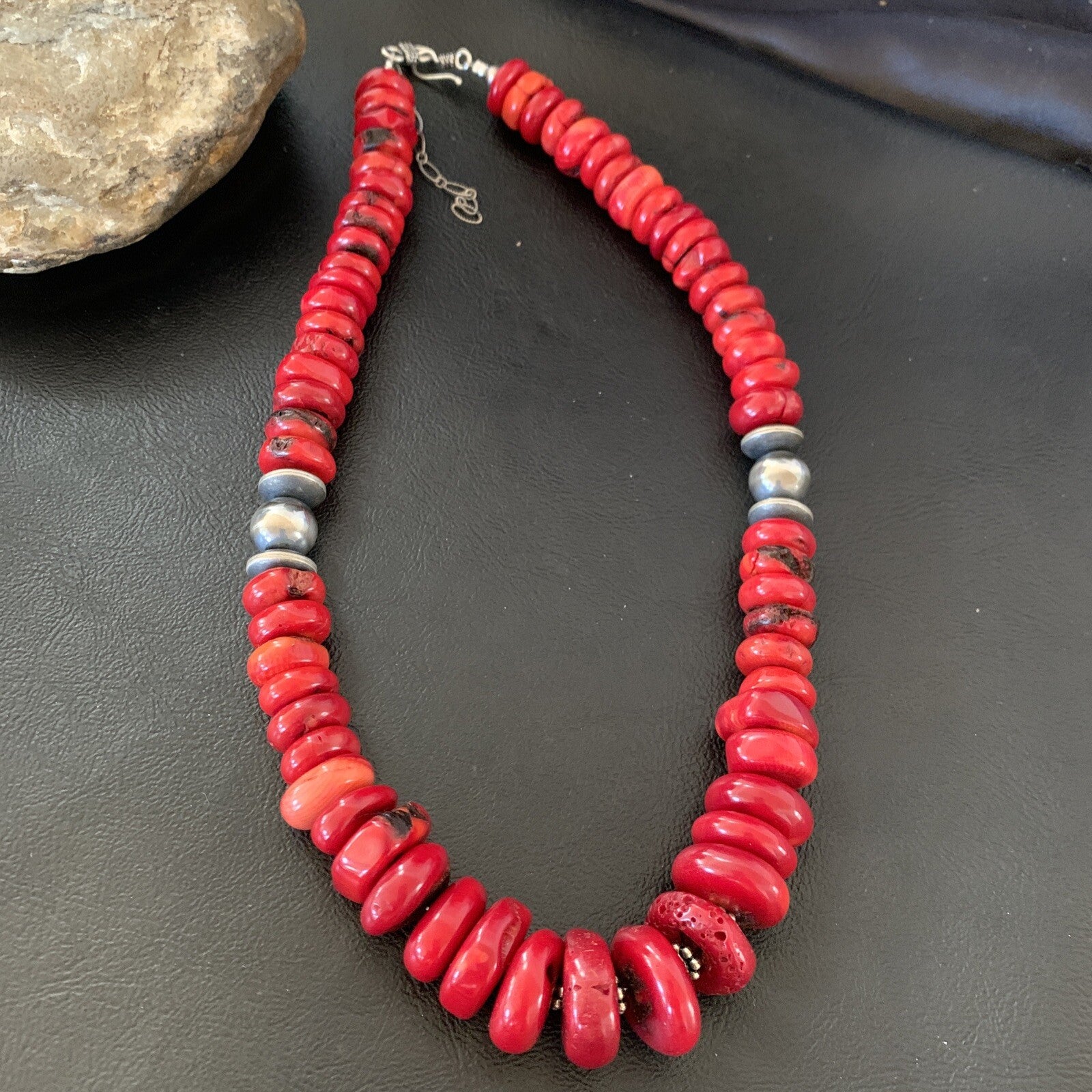 Native Navajo Graduated Red Coral Sterling Silver Bead 18" Necklace 11559